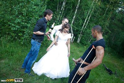 Promiscuous bride enjoys a hardcore foursome with well-hung champs outdoor